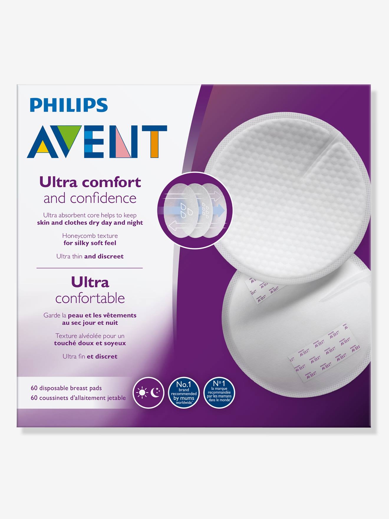 Pacote com 60 absorventes descartáveis para amamentação Philips AVENT, textura média e macia, brancos.