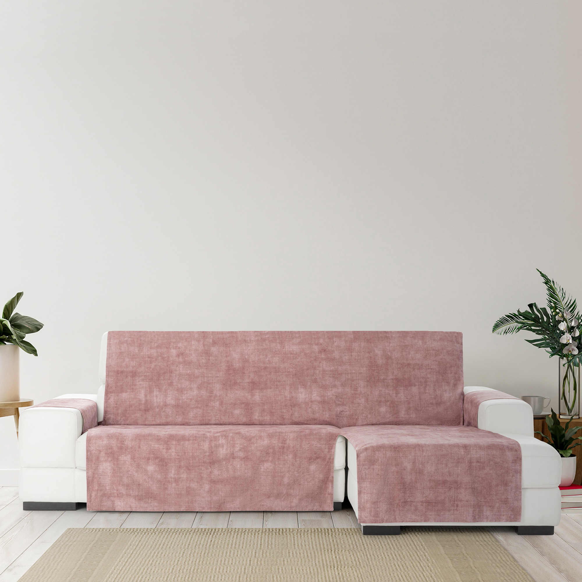 Capa protetora antimanchas para sofá com acabamento em veludo, rosa, chaise longue à direita, 240 cm (250-300 cm)