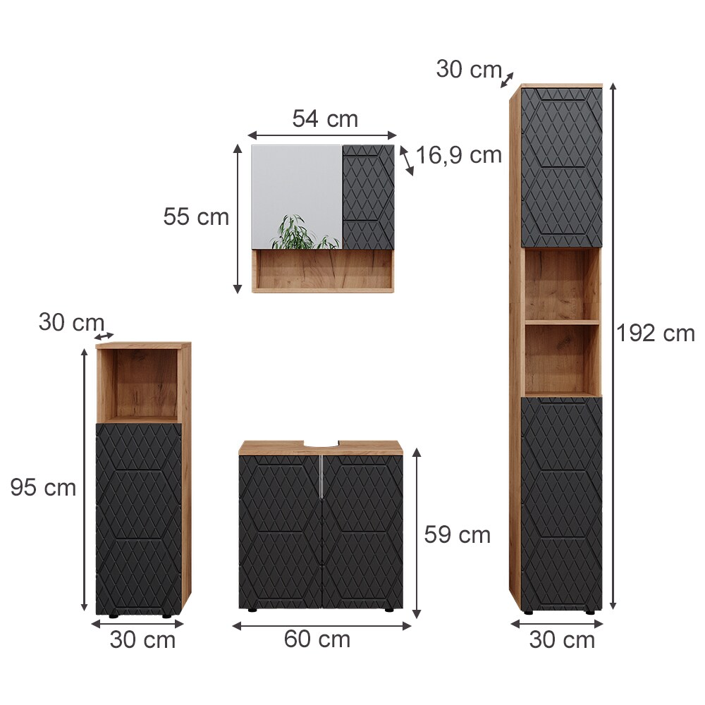 Vicco Badmöbel-Set Irma Eiche Anthrazit 4-teilig Hochschrank Midischrank 95 cm