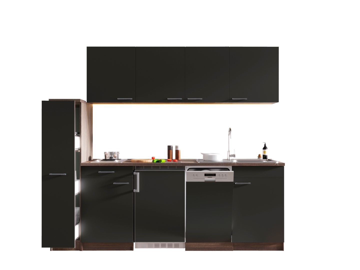 RESPEKTA Singleküche OLIVER - grau - Eiche York - mit E-Geräten - 225 cm