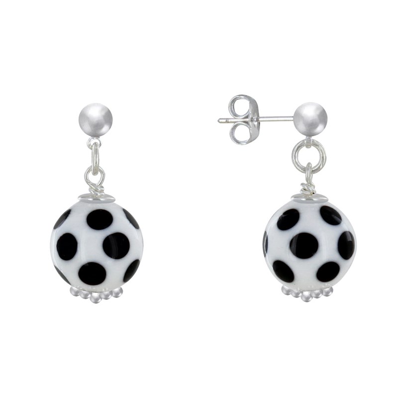 Boucles d'Oreilles Clous Métal Argenté Perles en Céramique à Pois