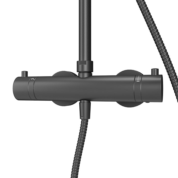 Colonne de douche thermostatique avec pommeau + douchette + flexible + barre réglable, coloris noir mat, Schulte Rain