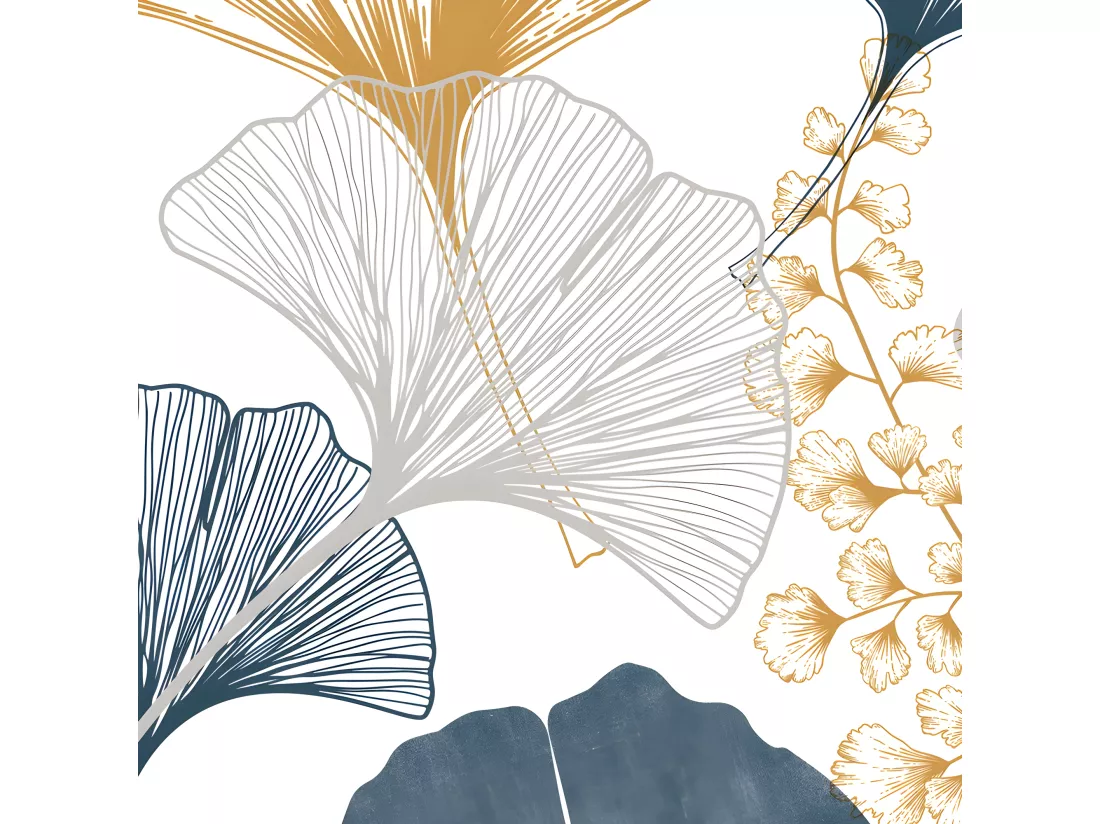 Papier Peint Panoramique L240xH270cm - Gingko Ocre et Bleu - Papier intissé 150gr/m2