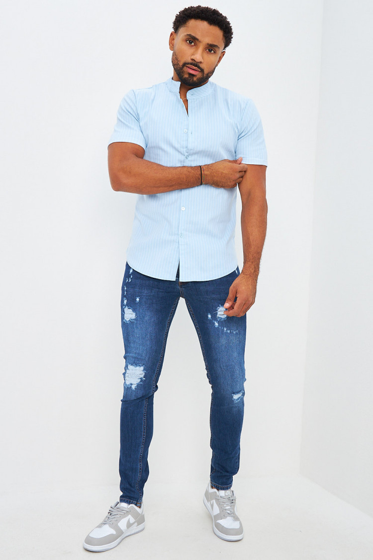 Chemise rayée bleu clair col officier