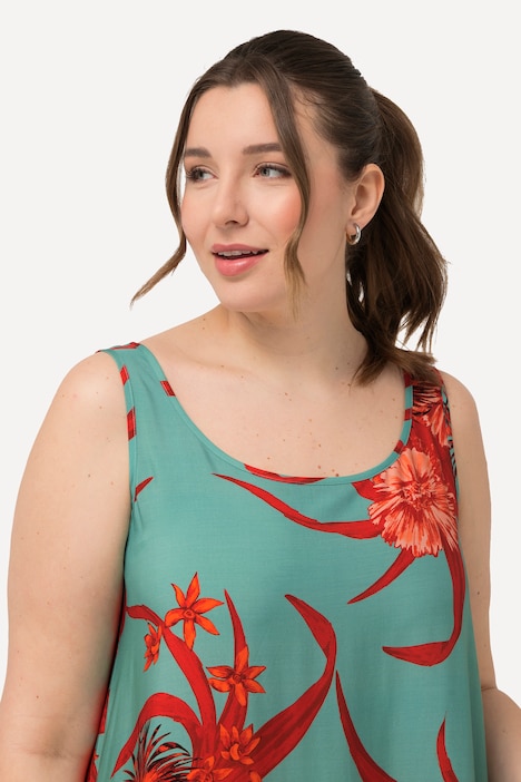 Kleid, floraler Druck, A-Linie, Rundhals, ärmellos