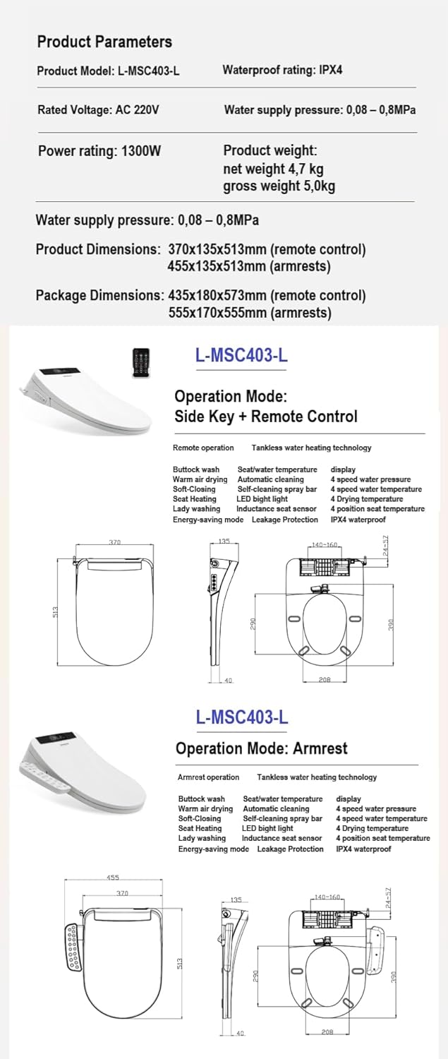 L-MSC403 neues Modell, Smart Bidet mit RF-Fernbedienung – Tanklos, Durchlauferhitzer, Sitzheizung, LED-Nachtlicht, Föhn, Ladydusche & Gesäßdusche, oszillierende Düse