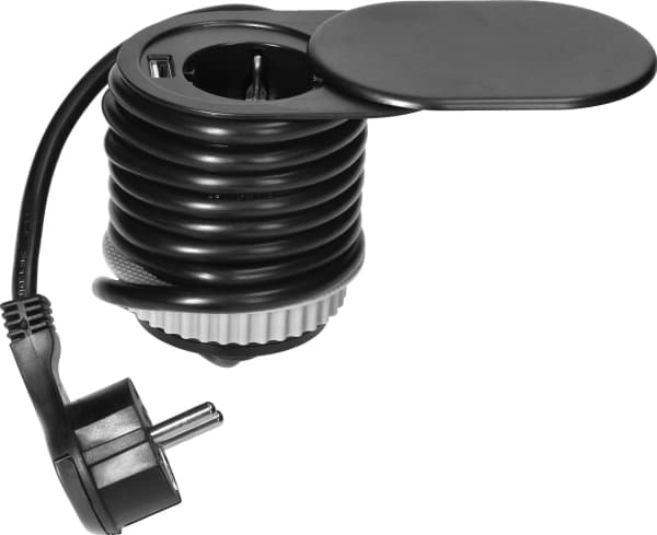 Orno Møbelkontakt ?6 cm, svart, innfelt topp med skyvedeksel, USB-lader og 1,9 m kabel, 1x2P+E, 1xUSB (2,4A), 3x1,5mm², Schuko-versjon