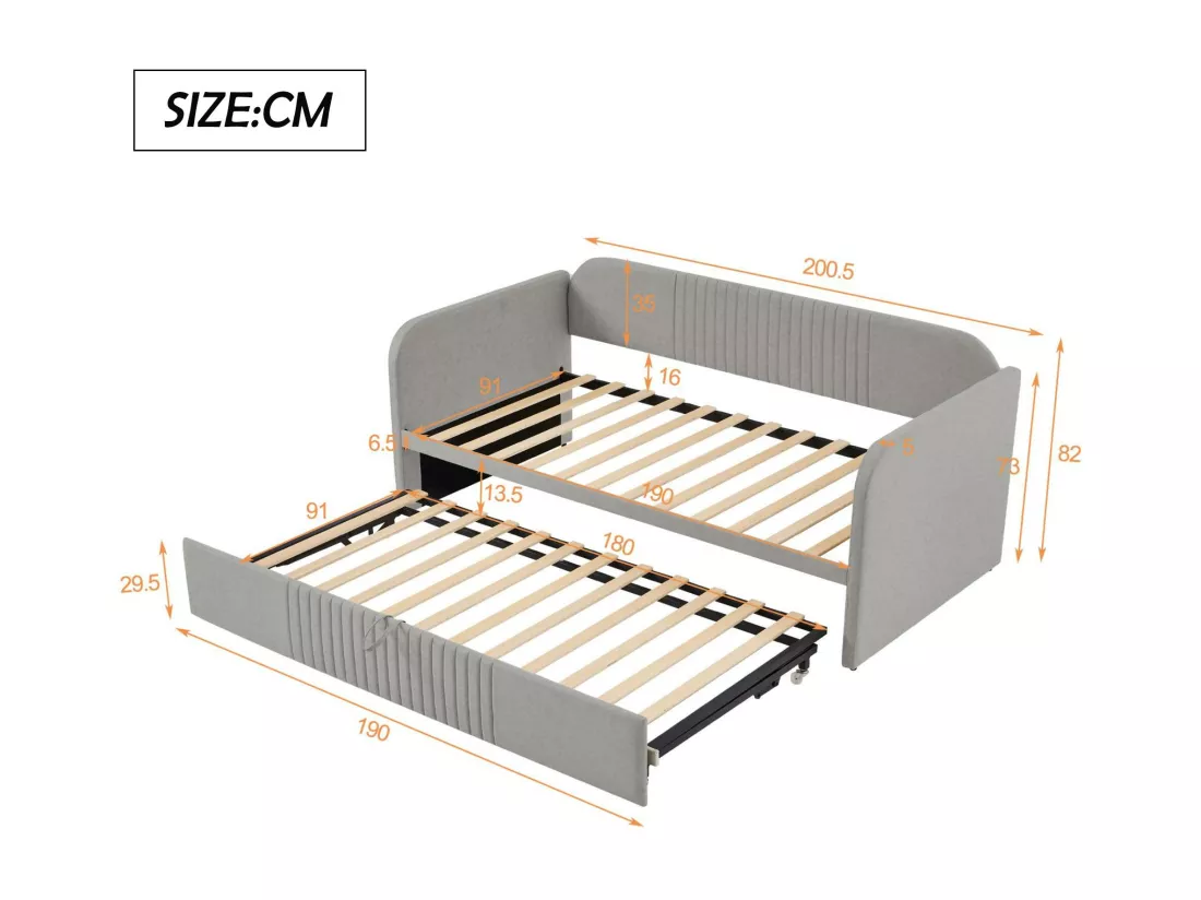 Lit gigogne 90/180x190 cm - lit canapé en tissu lin - avec sommier à lattes - Gris clair