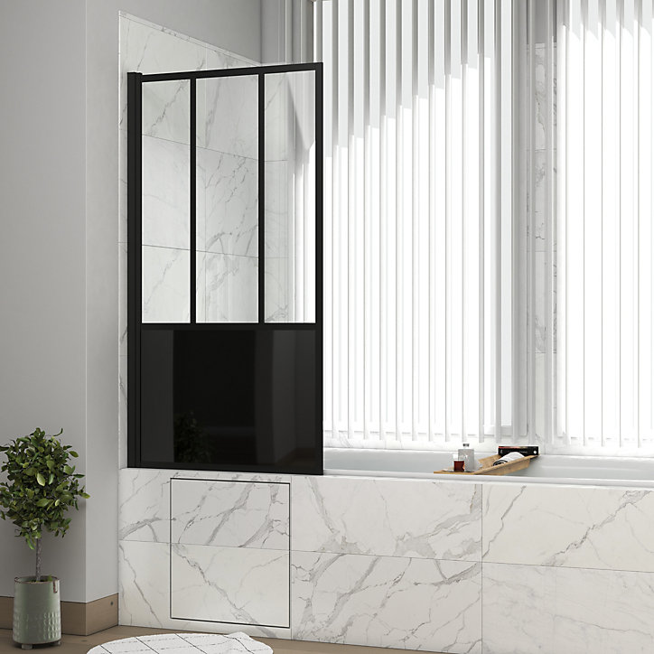 Pare-baignoire pivotant 140 x 80 cm, profilés alu noir mat, Galedo Indus