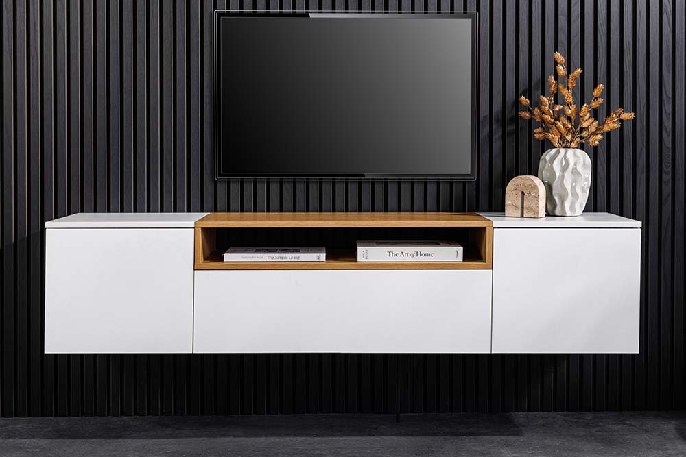Hängendes TV-Board LOFT 160cm weiß natur drei Fächer mit Schublade