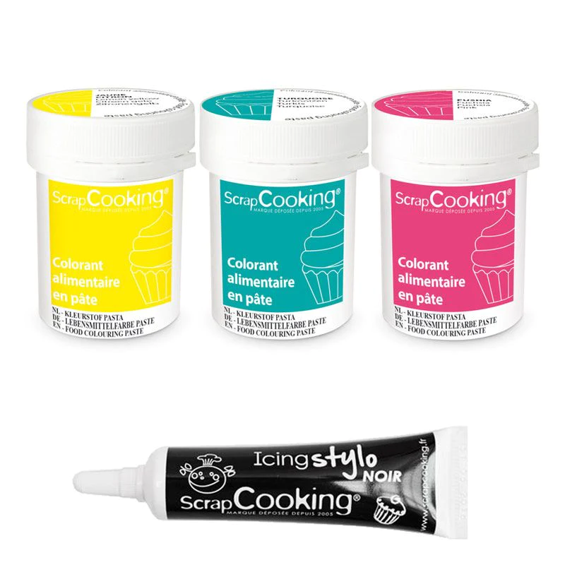 3 colorants alimentaires en pâte fuchsia-turquoise-citron + Stylo glaç