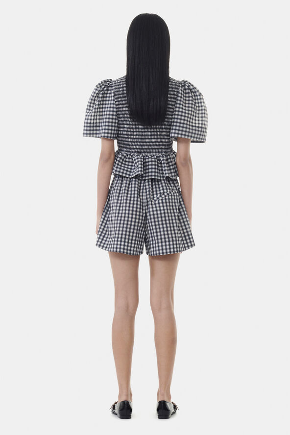 Ganni Seersucker Check Open-neck Smock Bl Egret