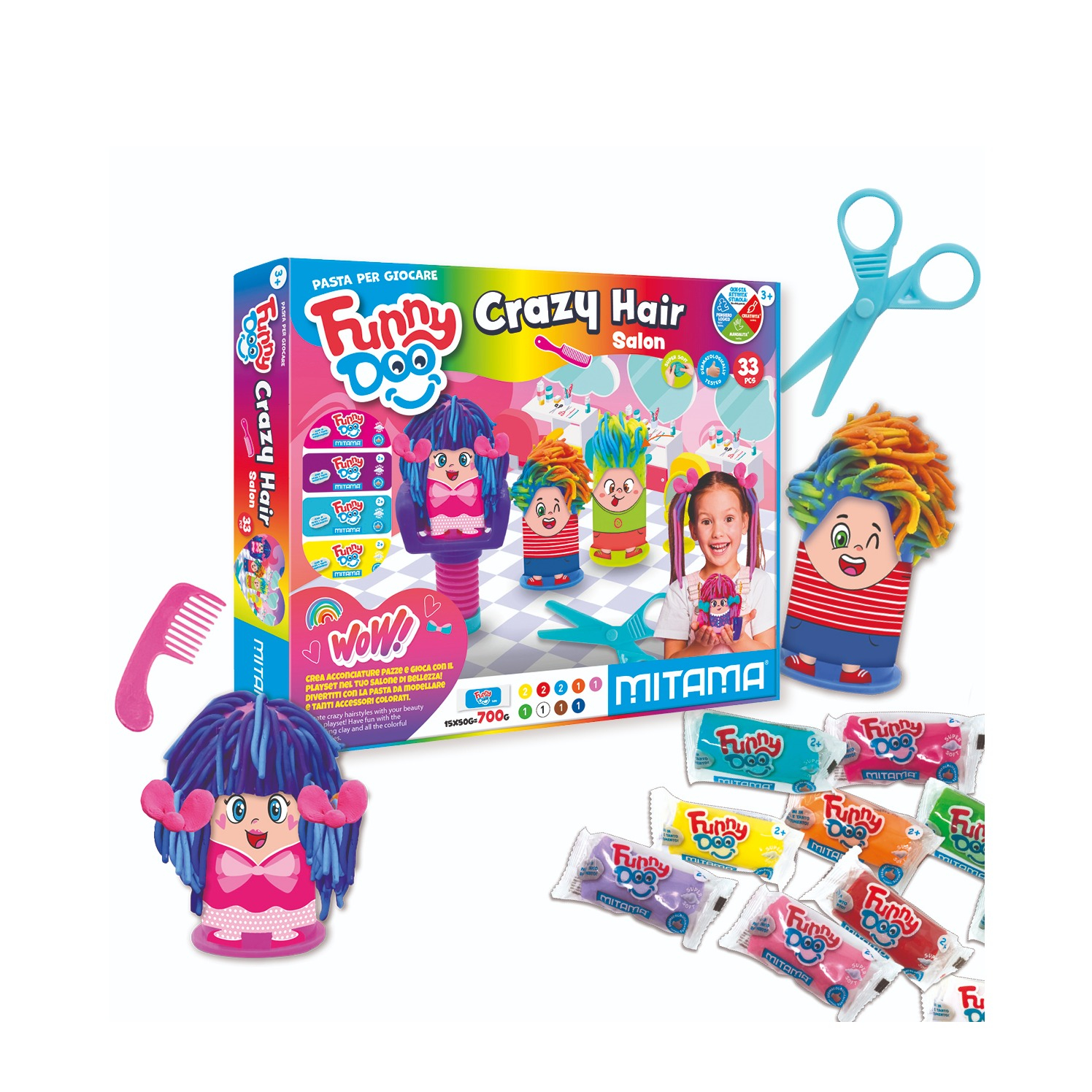 (32-tlg. Set) FunnyDoo Kinder Knete DIY Modellier Spielzeug inkl. Werkzeug (3910046) - Crazy Hair Salon