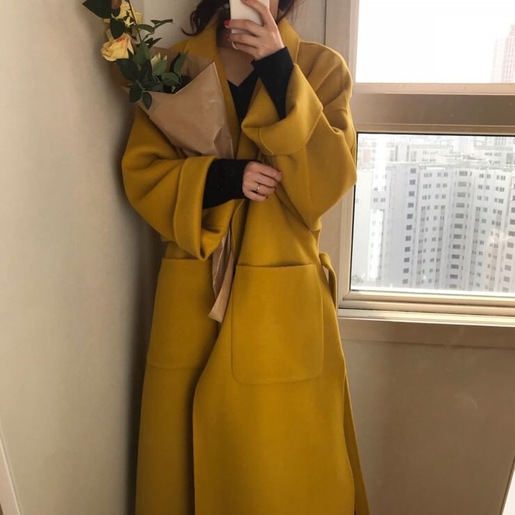 Coris - Notch Lapel Plain Midi Sashed Coat