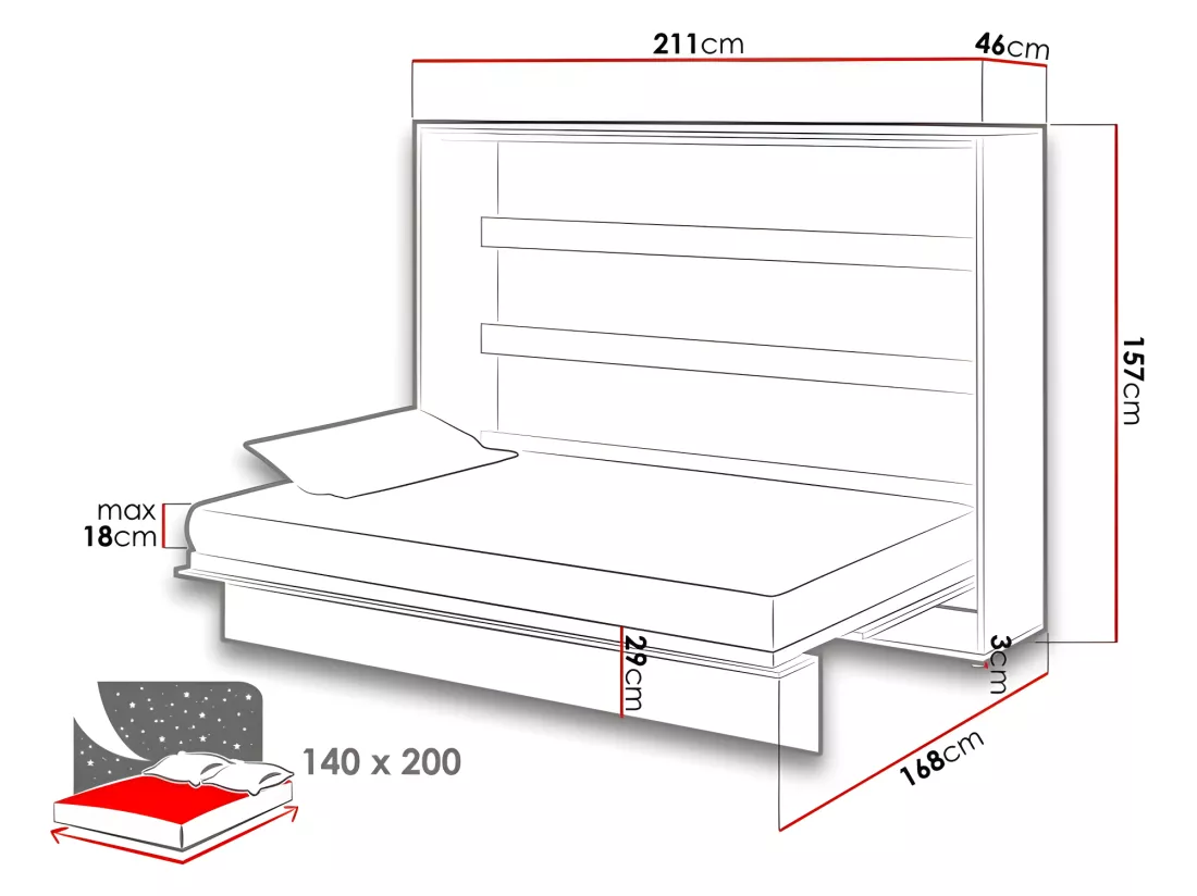 Lenart Armoire Lit escamotable Horizontal 140x200 cm Blanc brillant Lit Rabattable Lit Mural