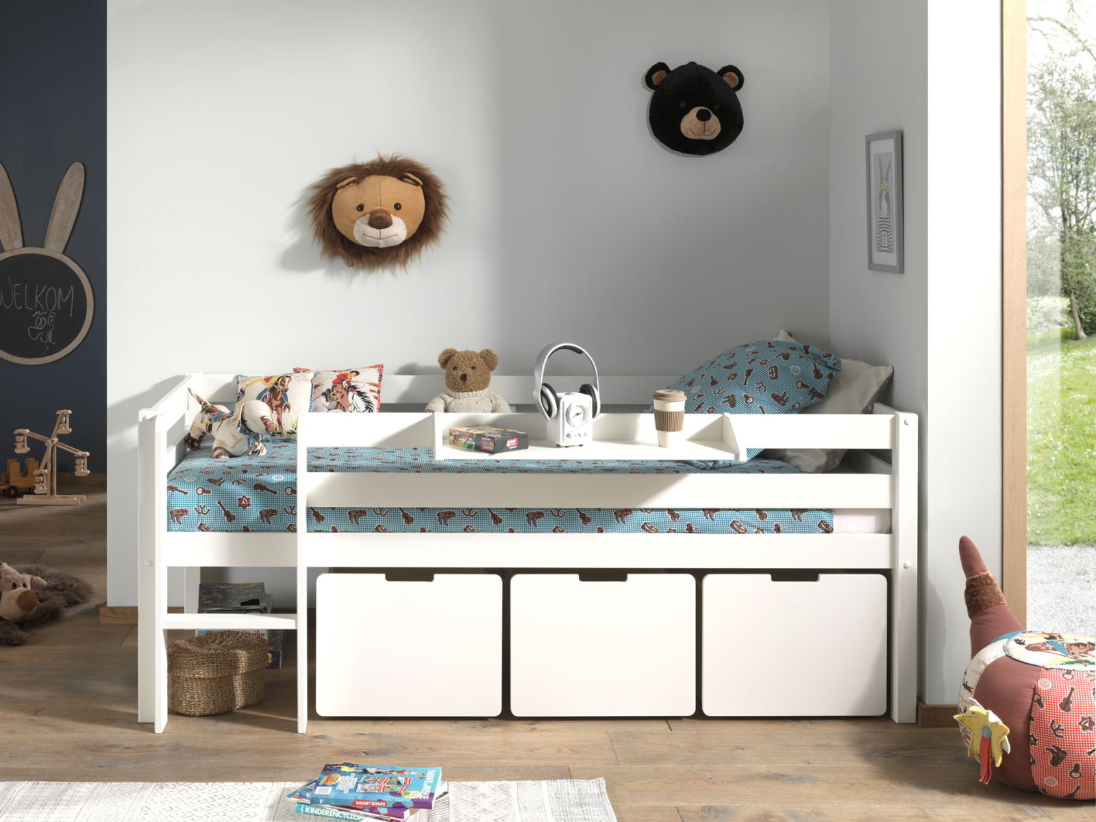 Kojen-Spielbett - weiß - Leiter - Schubkästen - Regal - 90x200 cm