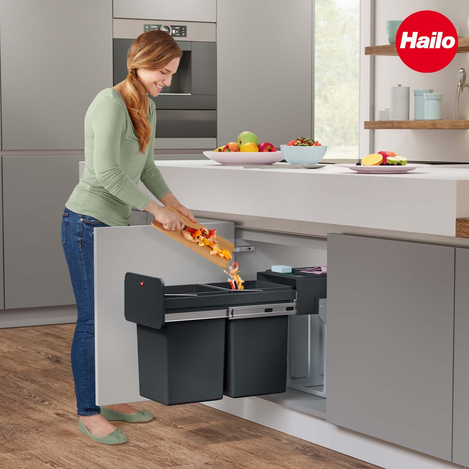 Poubelle de tri sélectif encastrable 28 litres (14+14) Hailo EcoLine Design L Duo : Cuisine et Maison