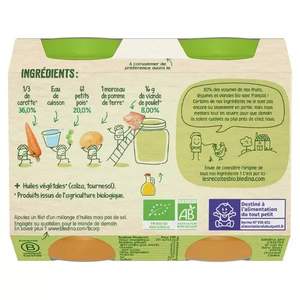 Blédina Colheitas Orgânicas Ervilhas e Frango em Pote +6m 2 x 200g