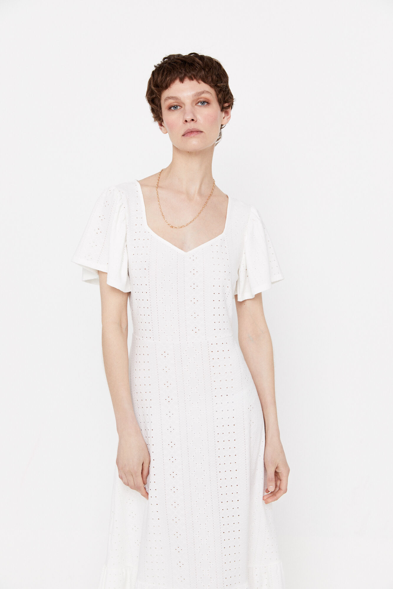 Vestido de malha vazada com babado - Branco