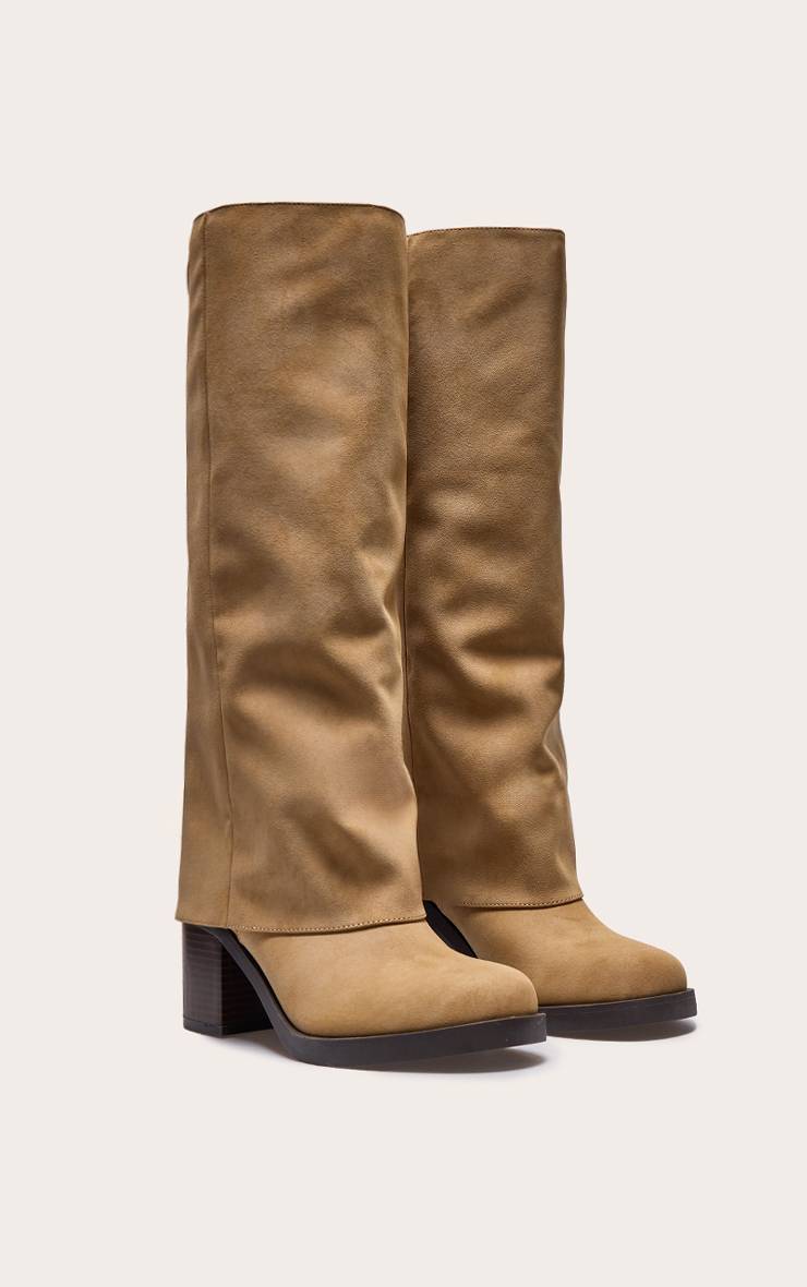 Taupe Bottes Camel En Faux Nubuck À Bout Rond Avec Revers Et Petit Talon Bloc