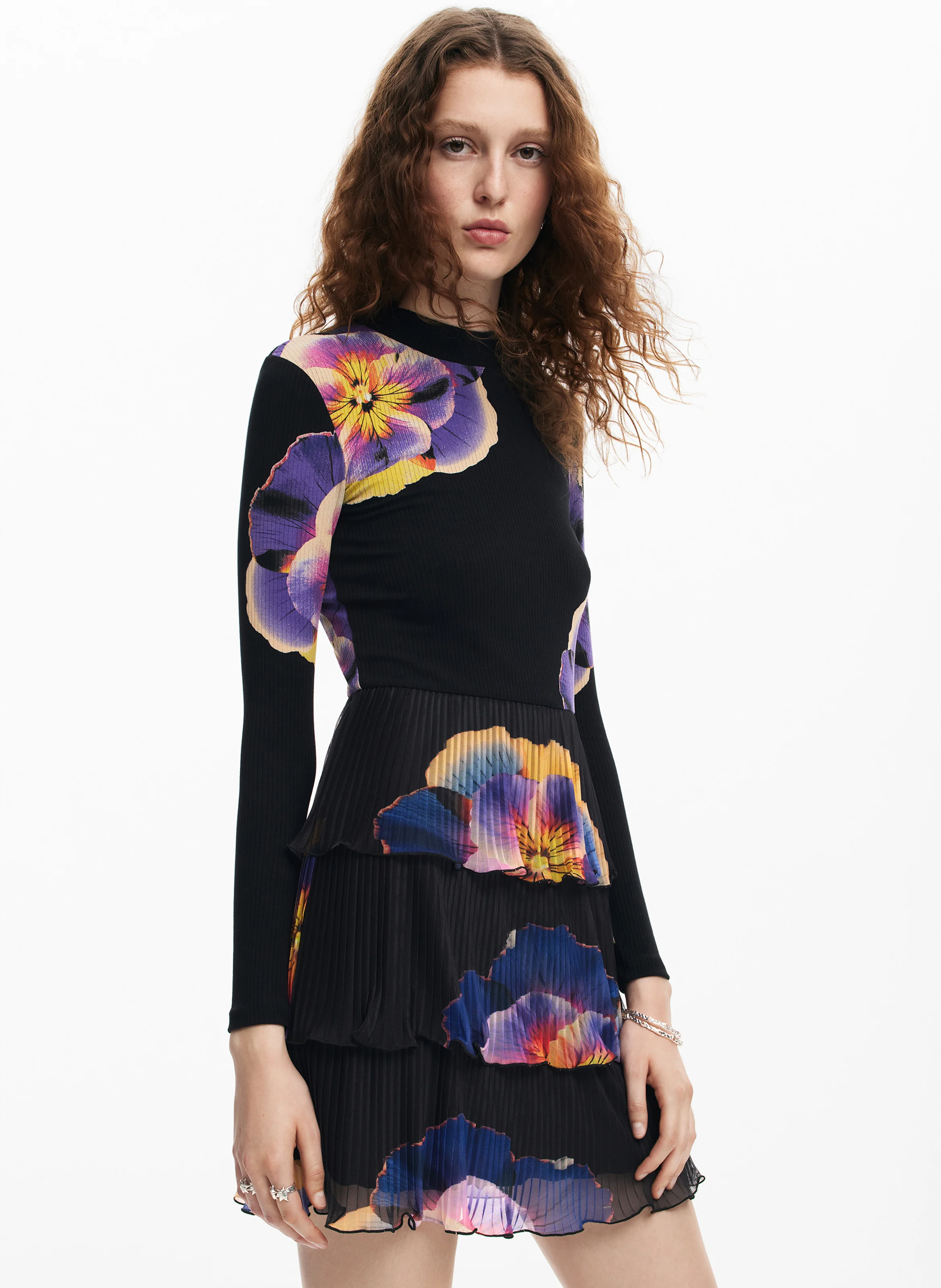 Robe courte col rond imprimée | Noir