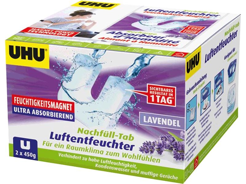 UHU Entfeuchter Lavendel Nachfüll-Tab 450 g, 2 Stück Nachfüller Luftentfeuchter