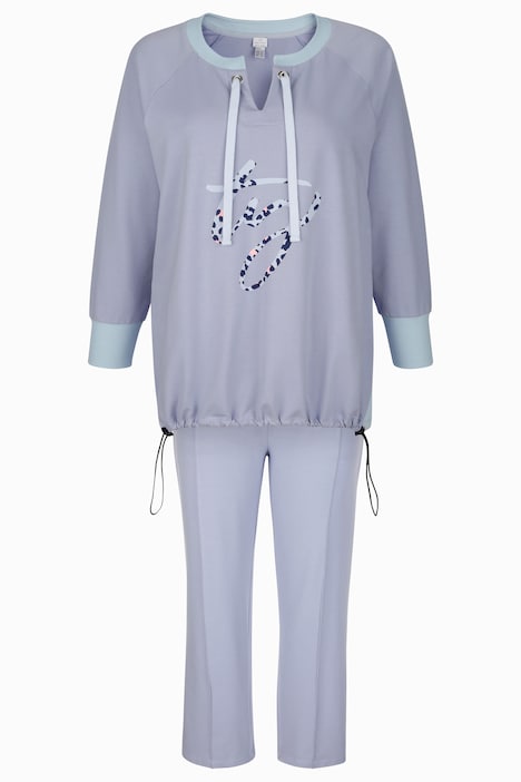Freizeit-Anzug, Zweiteiler, Langarmshirt mit Print, lange, gerade Hose