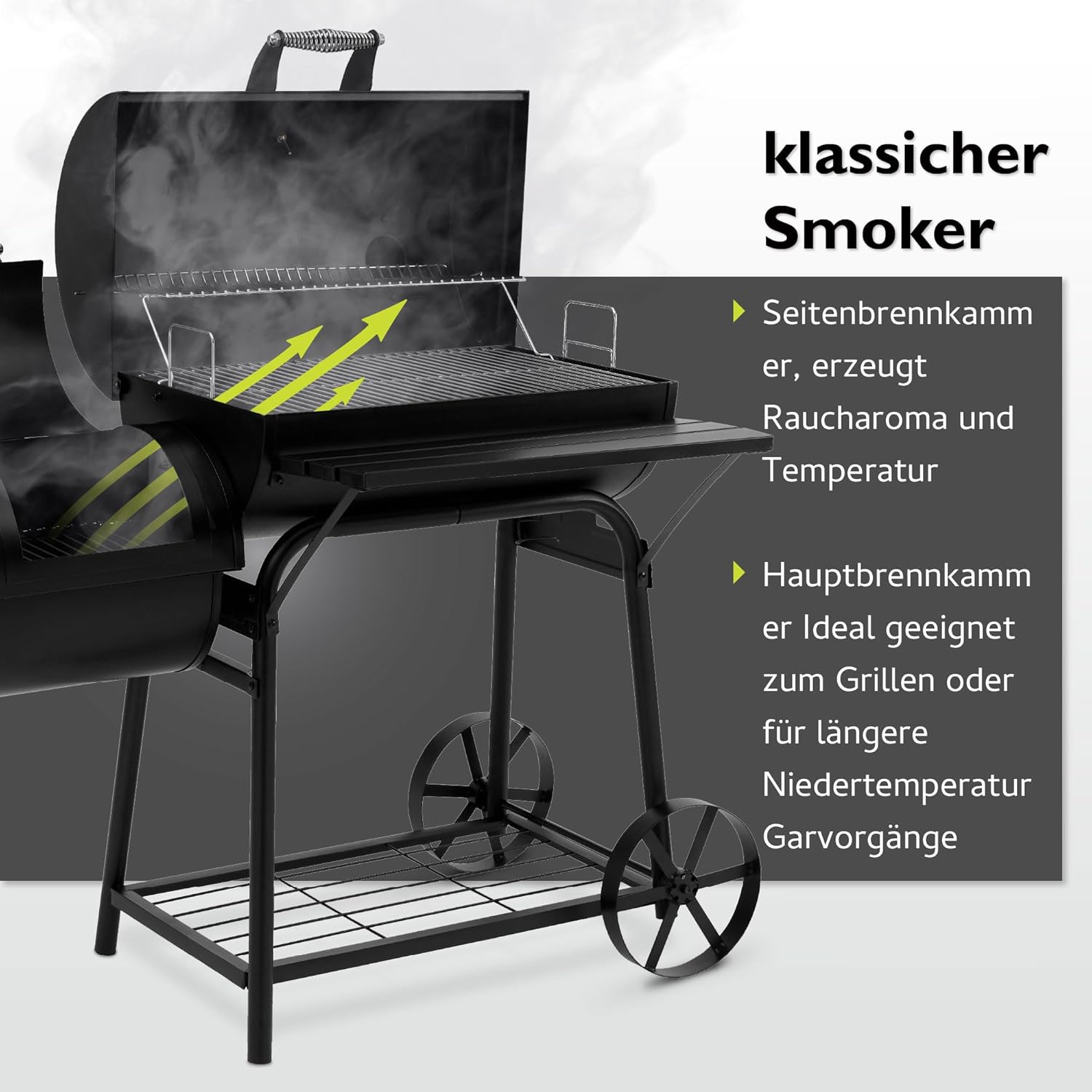 tepro BBQ Smoker Grill Biloxi, Holzkohle Grillwagen mit 2 Grillkammern, Räder und Thermometer im Deckel, Maße ca. 126 x 63,5 x 126 cm, Schwarz