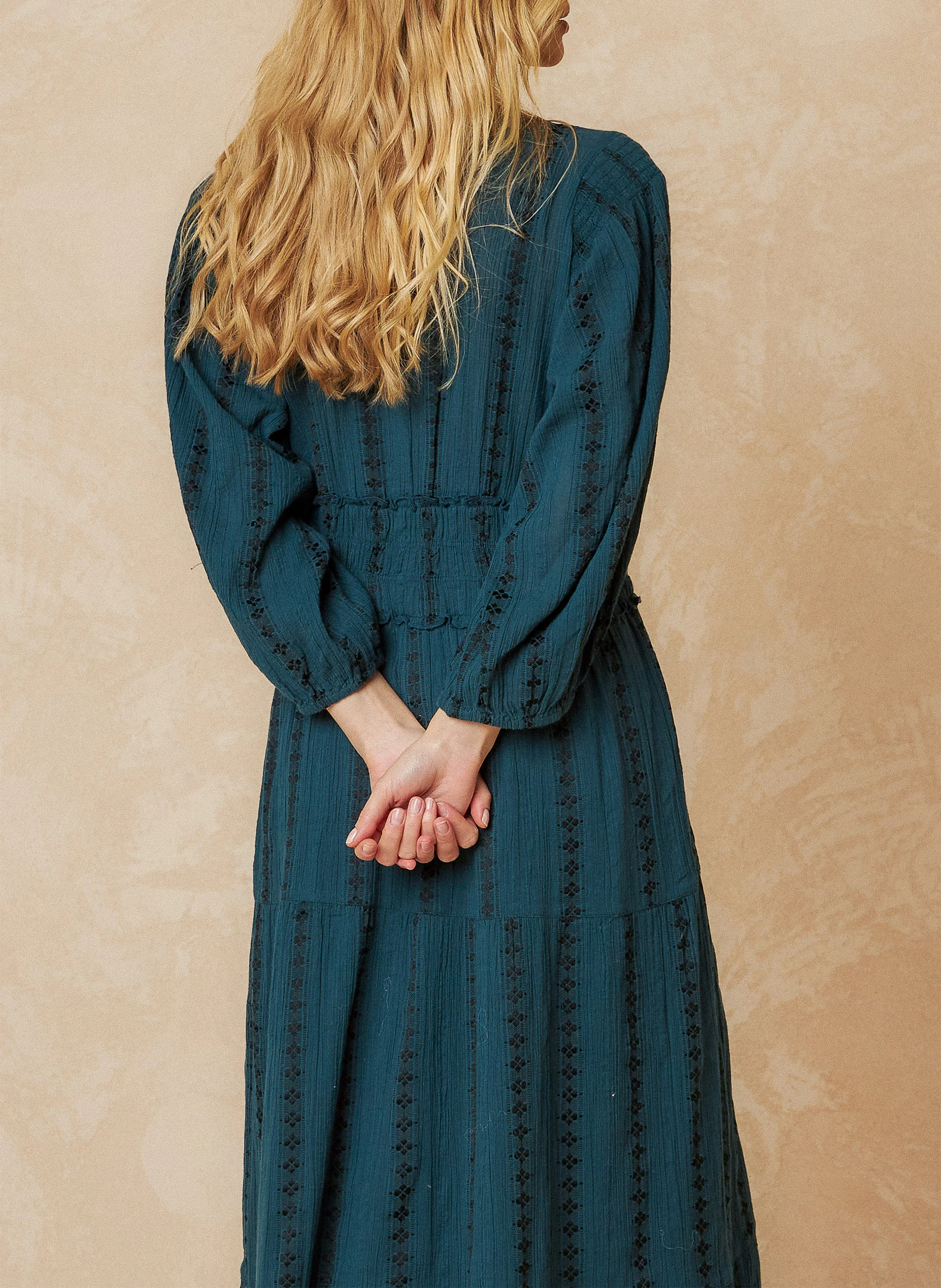 Robe longue col V jacquard en coton mélangé | Bleu