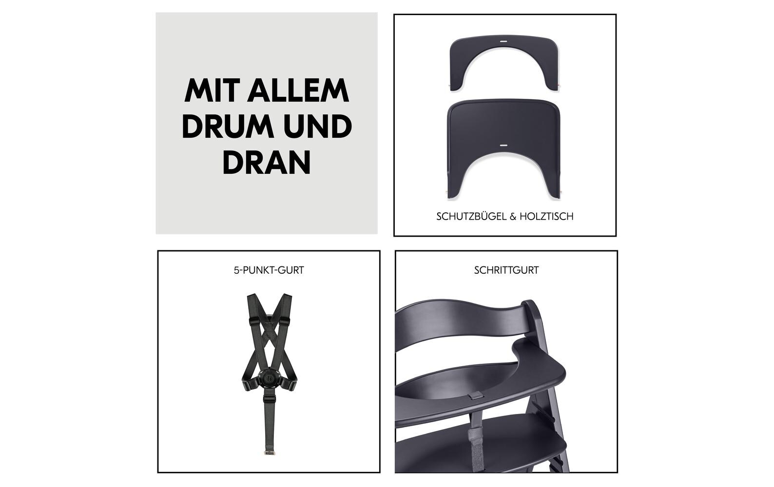Treppenhochstuhl Beta+ Dark Grey<br>Kippsicheres und mitwachsendes Holzhochstuhlset