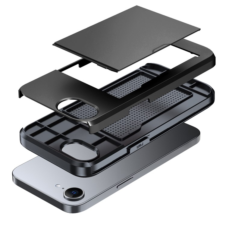iPhone 16e Hybrid Hardcase Hülle mit integriertem Karten Portemonnaie (aufschiebbar) - Schwarz