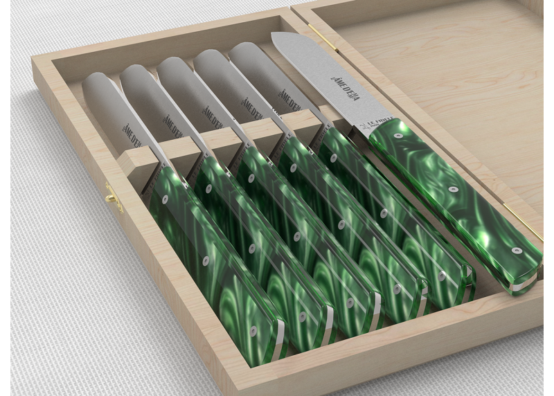 Service de 6 couteaux de table avec un manche en Madreperlato Vert et lame en acier inoxidable
