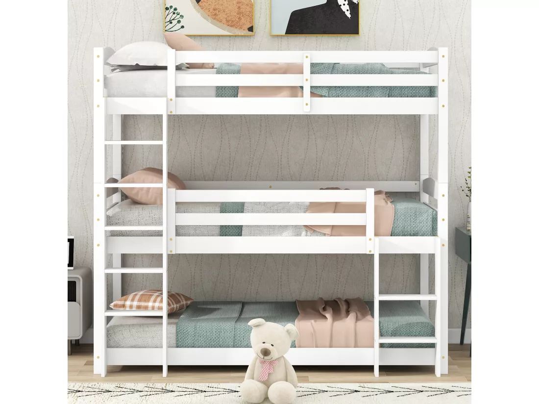 Lits Superposés Triple - 90 X 200 cm - Pour Adultes Et Enfants - Protection Antichute - Blanc