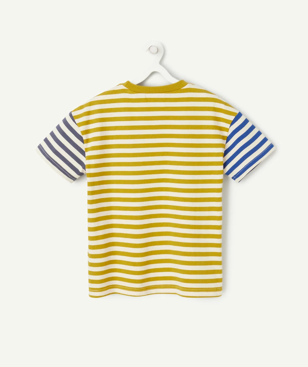 T-SHIRT MANCHES COURTES GARÇON EN COTON BIO À RAYURES VERT ÉCRU ET BLEU