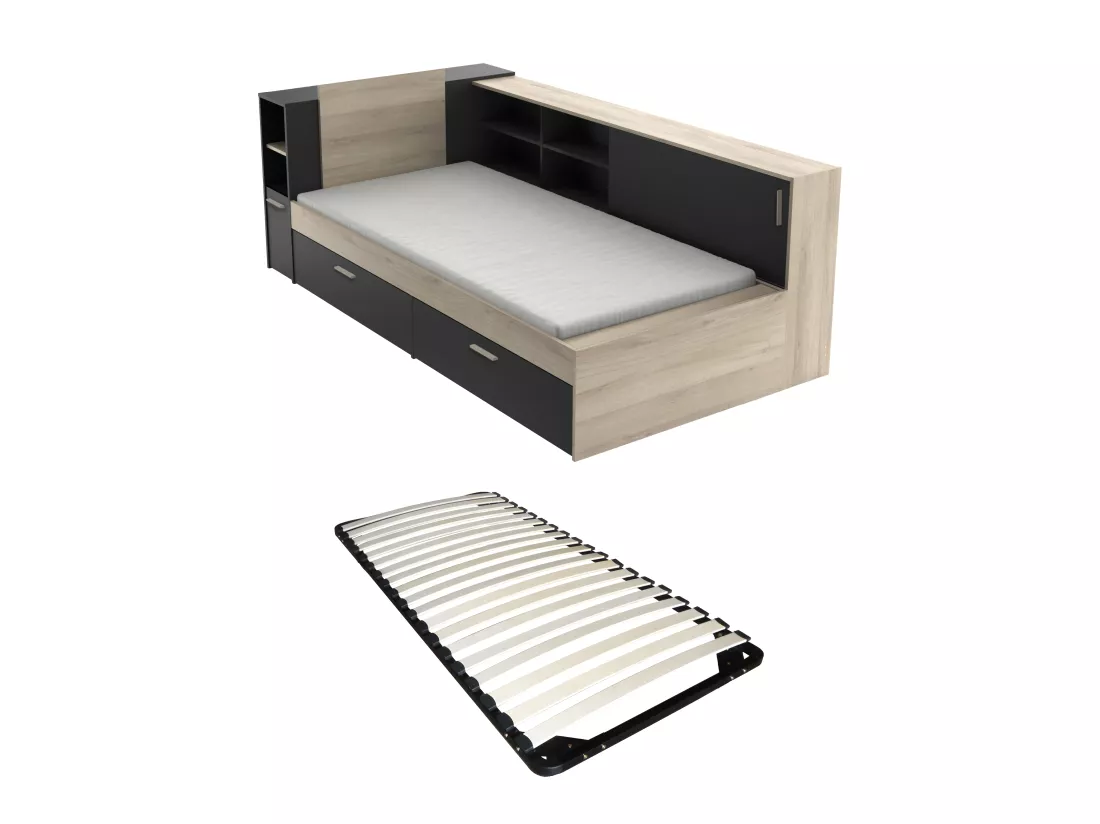 Lit modulable 90 x 190/200 cm avec rangements - Noir et naturel + Sommier - LIARA