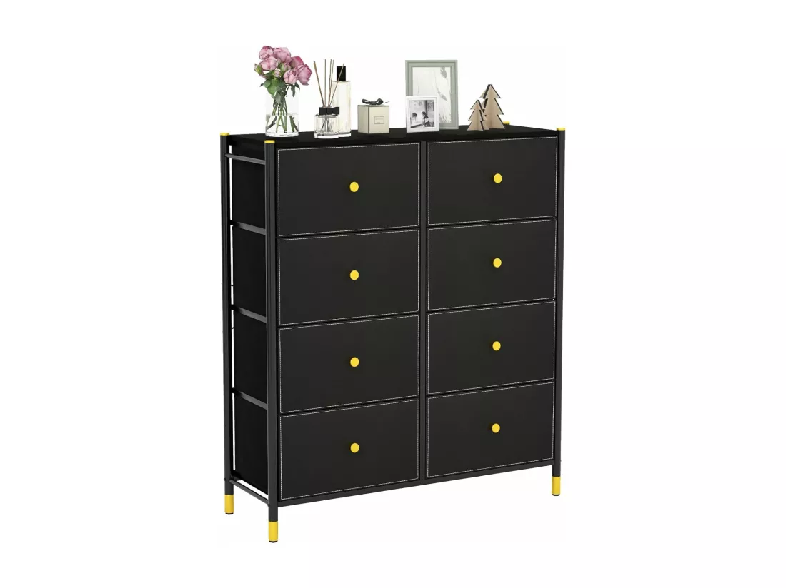 Commode Chambre, Commode Chambre Adulte 8 Tiroirs en Cuir PU et Tissu Pliable, Cadre en Métal, Chiffonnier Moderne avec Poignée Doré, Commode Rangement pour Salon, Entrée, Noir (8 Tiroirs)