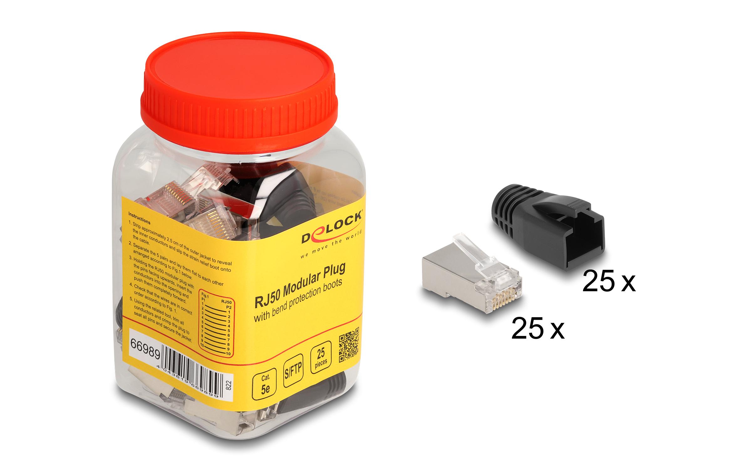 Stecker RJ50, S/FTP, Cat.5e 25 Stück, SchwarzDelock RJ50 Modularer Stecker Cat.5e mit Knickschutztülle 25er Set