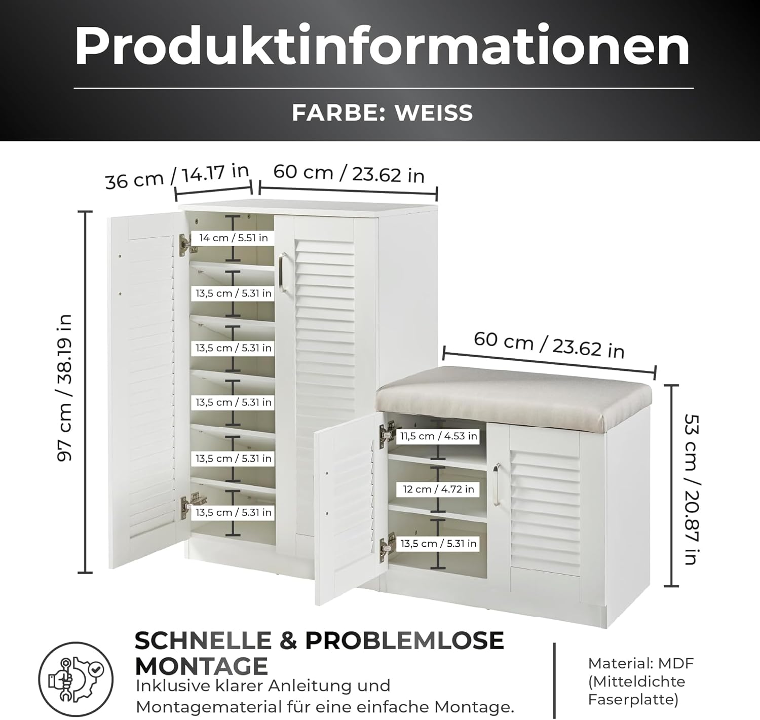 [en.casa] Schuhschrank Løten Schuhregal mit 4 Türen und 9 Ablagen Schuhablage 120 x 36 x 97 cm bis zu 18 Paar Schuhe mit gepolsterter Sitzbank Schuhaufbewahrung Weiß
