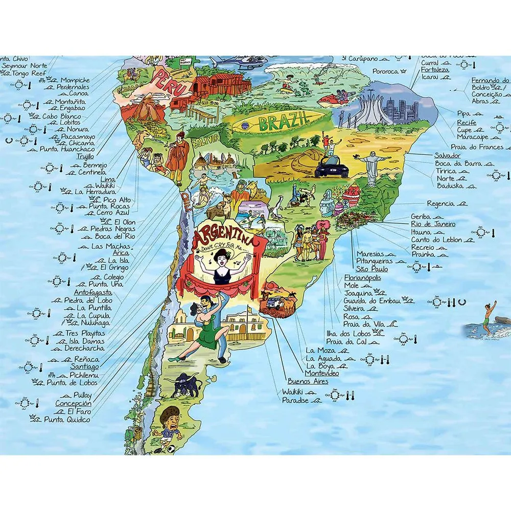Mapa incrível da Surftrip: Melhores praias de surf do mundo - Edição original colorida.