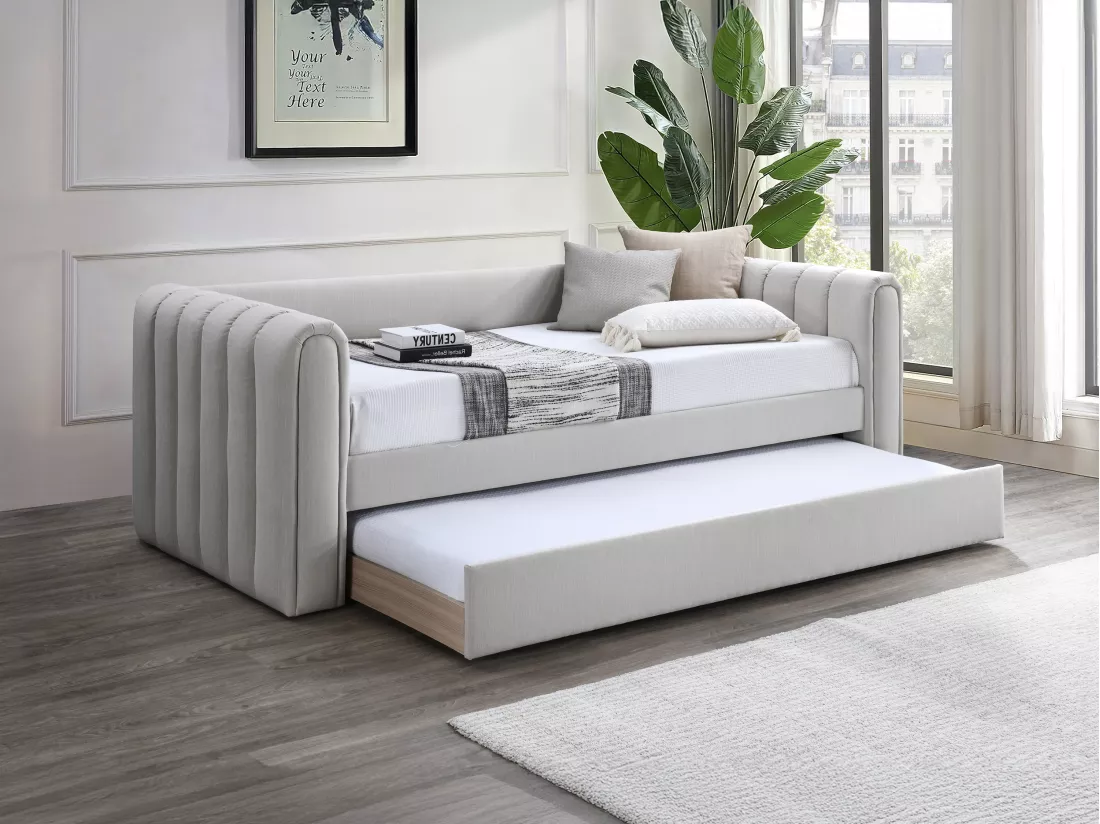 Lit gigogne 90 x 190 cm - Tissu - Beige + Matelas - SAHONA