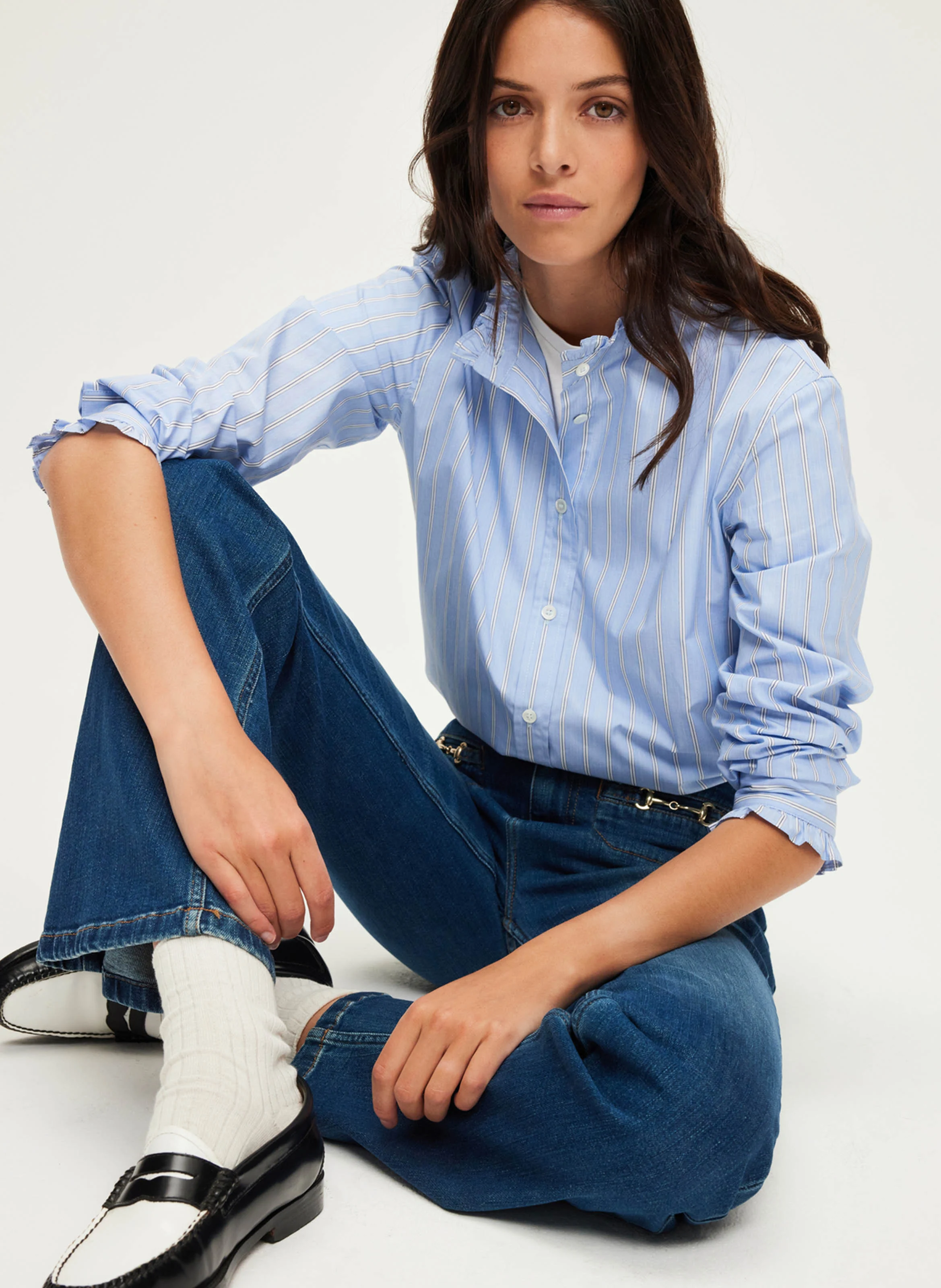 BAIDY - Chemise rayée à volants en coton | Bleu
