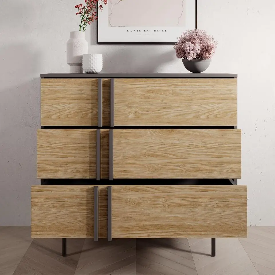 Meubella - Antigo - Ladekast met 3 lades - Eiken/Antraciet - 93x43x87 cm