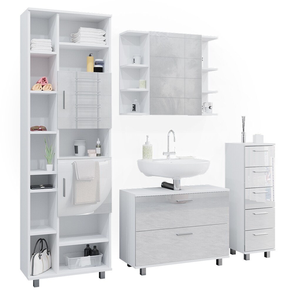 Vicco Badmöbel-Set Ilias Weiß Hochglanz modern Waschtischunterschrank Spiegelschrank Midischrank Hochschrank