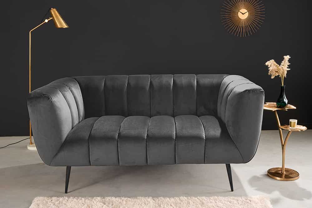 Design 2-Sitzer Sofa NOBLESSE 165cm grau Samt schwarze Metallfüße Federkern