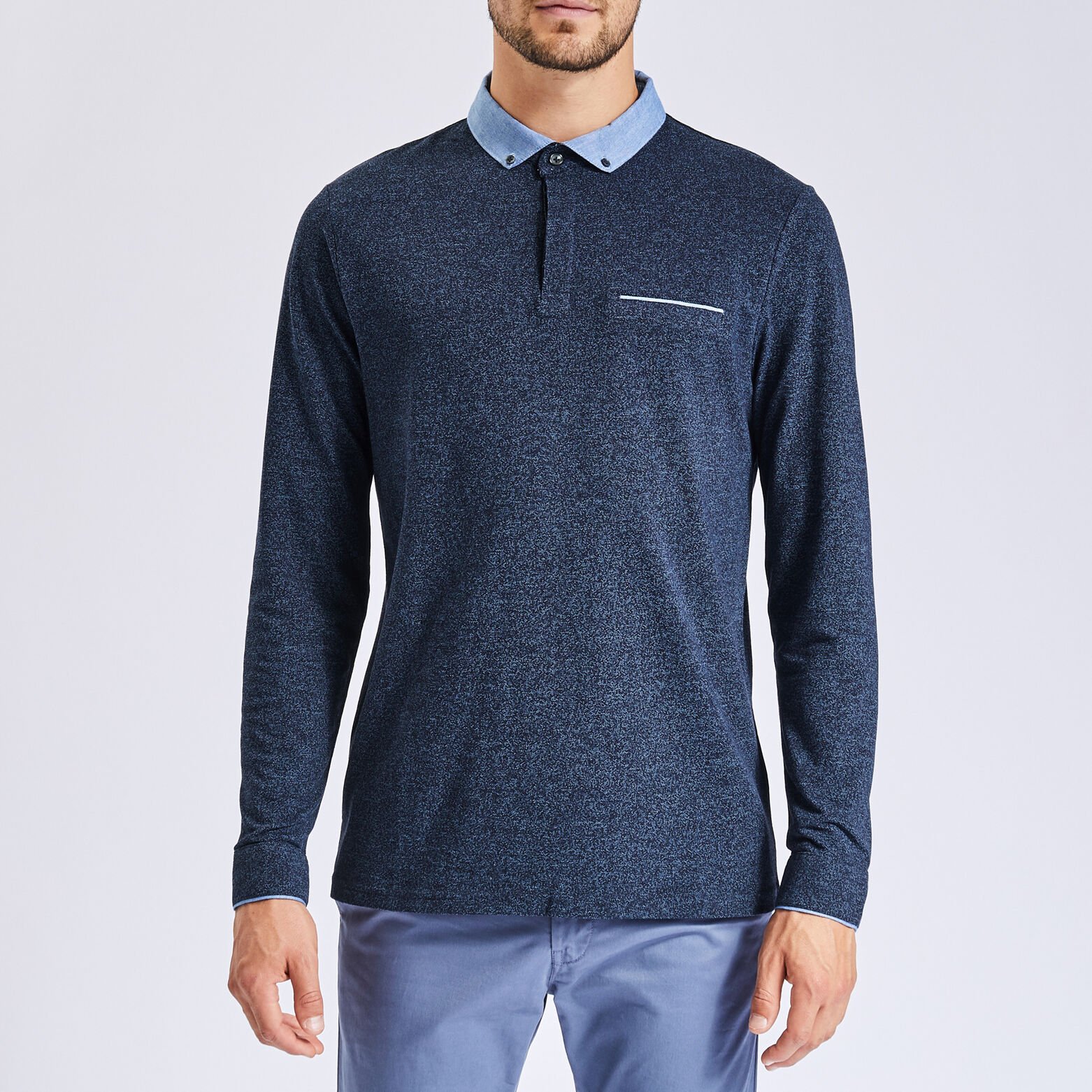 Polo manches longues maille piquée moulinée col ox Bleu foncé