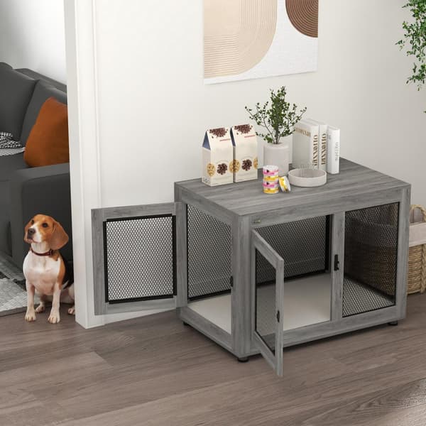 Hundebur til hjemmet, hundebur med 2 dører, vaskbar pute, hundebur med justerbare føtter, lås, for store hunder opptil 30 kg, grå, 94 x 60 x 71,5 cm