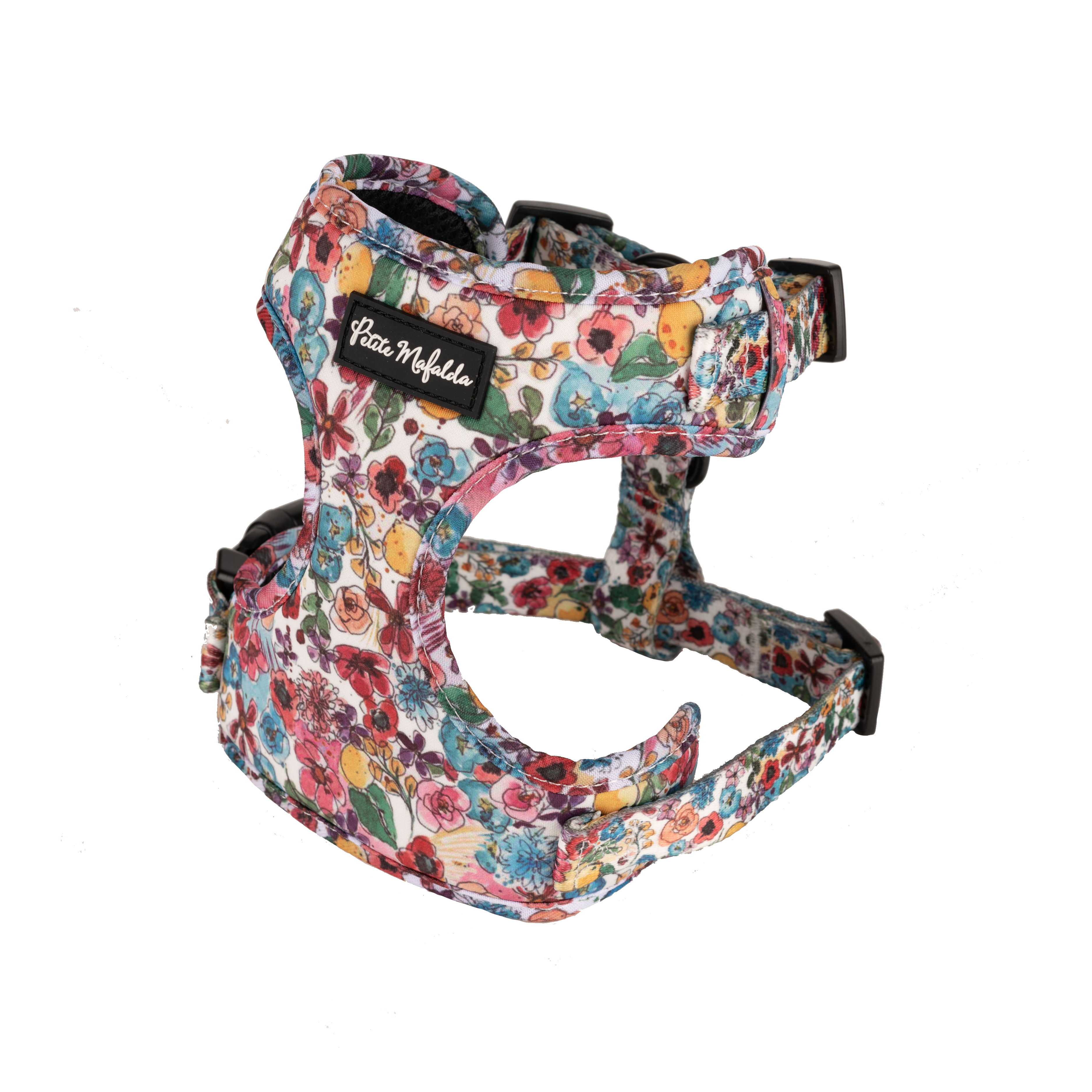 Coleira peitoral ajustável Petite Mafalda com estampa floral rosa para cães.