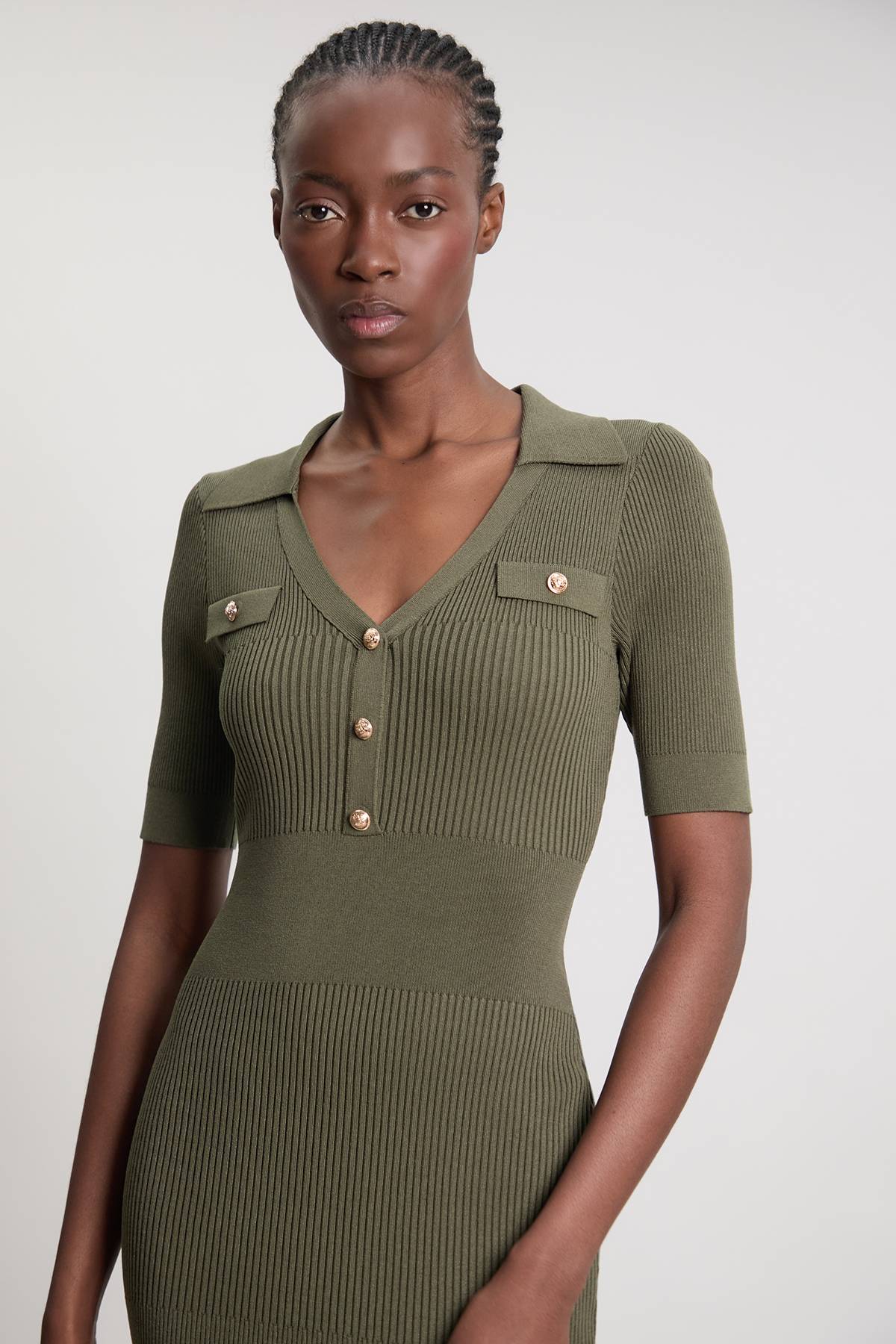 KarenMillen Robe Longue Côtelée À Col Et Finitions Militaires
