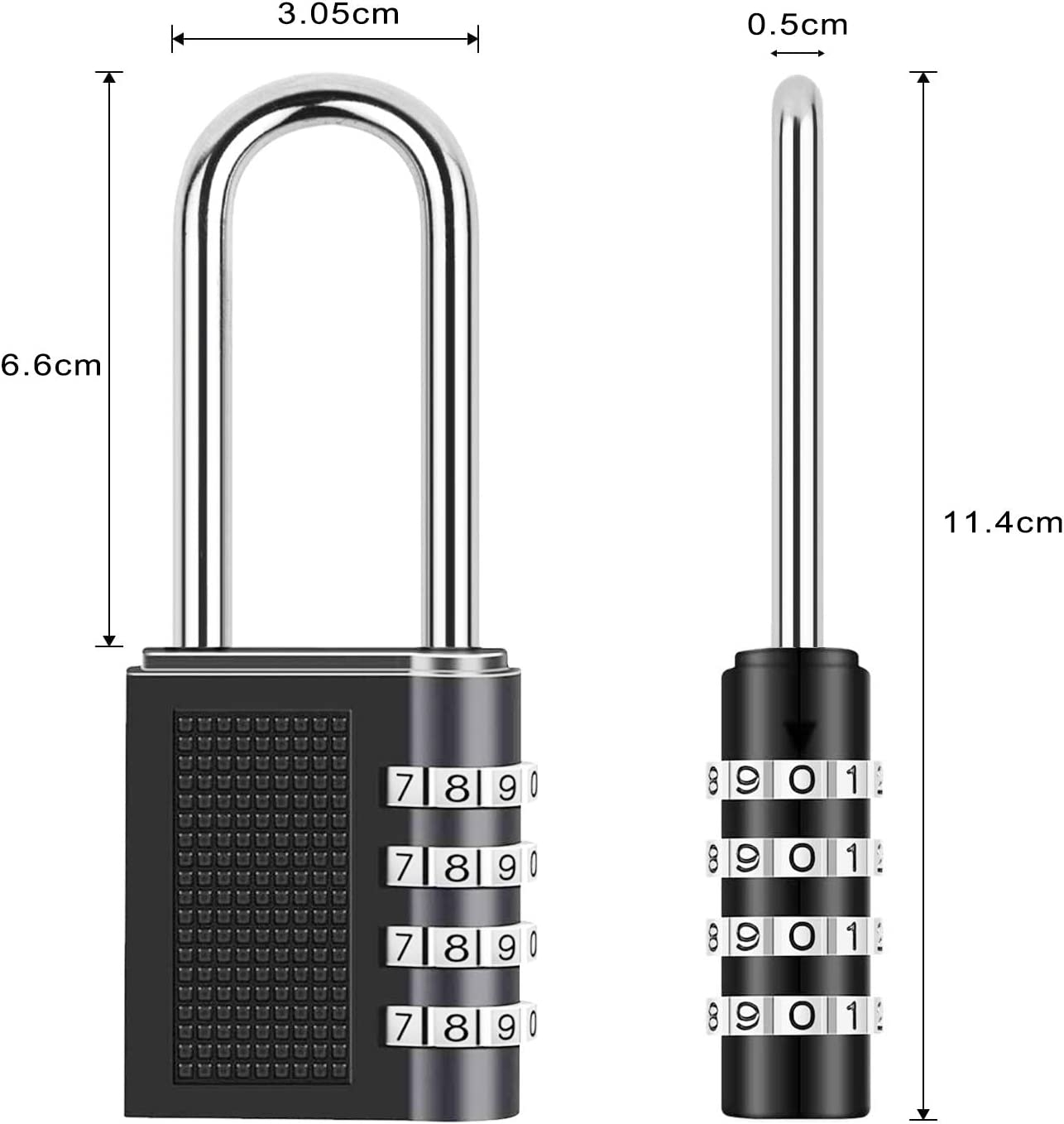 (12cm) Sicherheits Zahlenschloss 4-Stelliges Vorhängeschloss mit Extra Langem Bügel - Schwarz