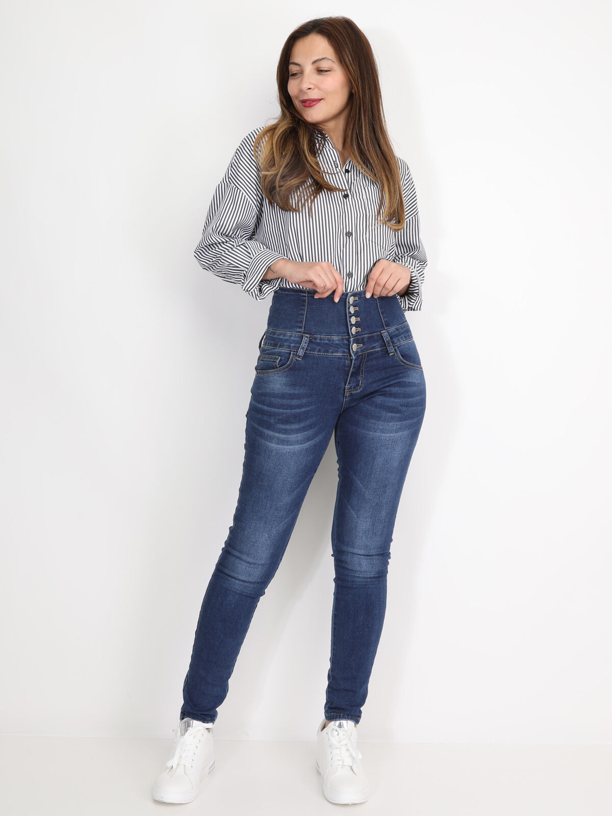 Jeans skinny délavé taille haute- Bleu